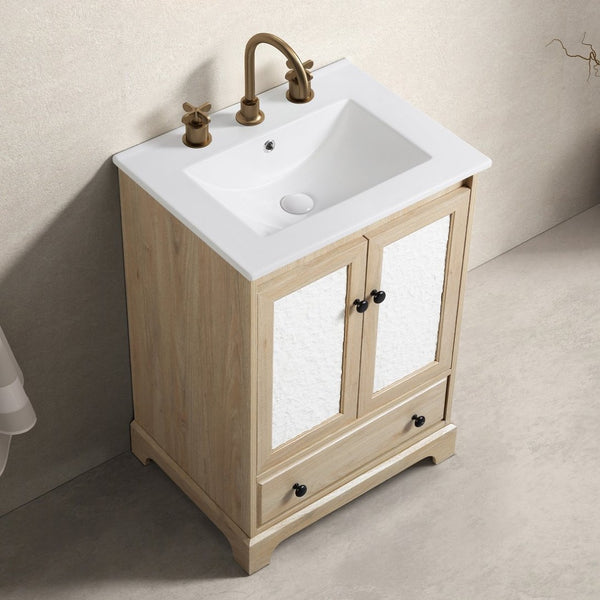 English Elm Bathroom Vanity with Oval Ceramic Sink One Drawer Soft Close Cabinet in White W3402S00005