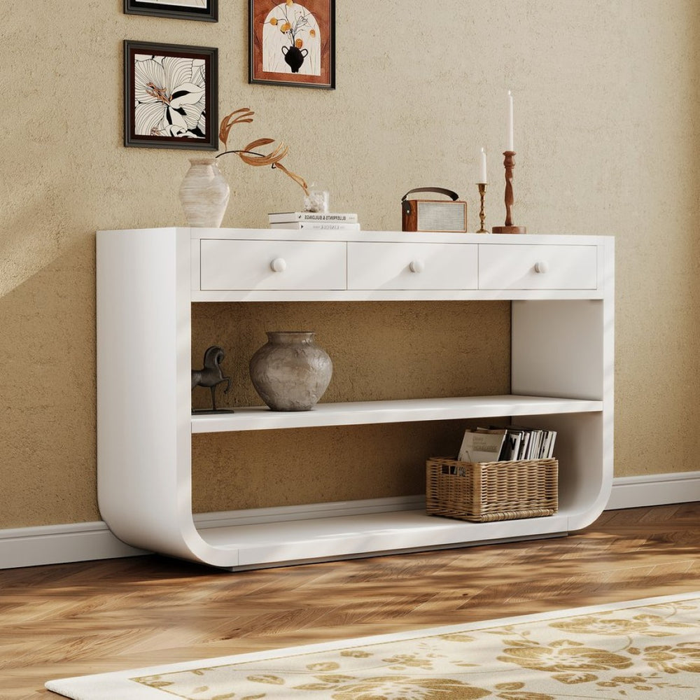 English Elm [video] Sculptural Console Table Pine Wood Curved Legs Soft-close Drawers Open Shelving Entryway White N759P433560K