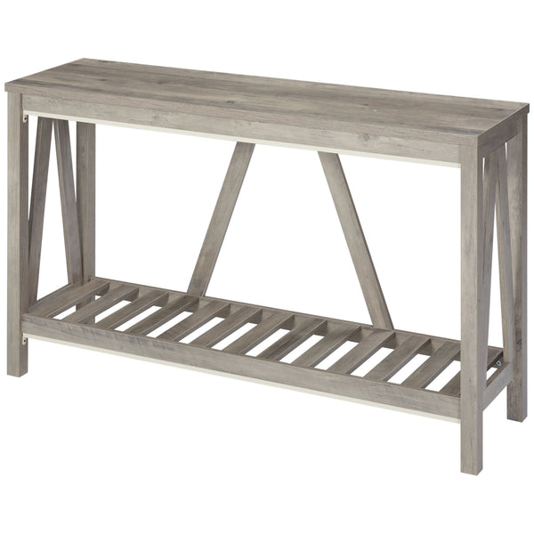 English Elm HOMCOM Farmhouse Console Table with Slatted Shelf and Anti-Tip Hardware Rustic Entryway Accent Gray W2225P217211