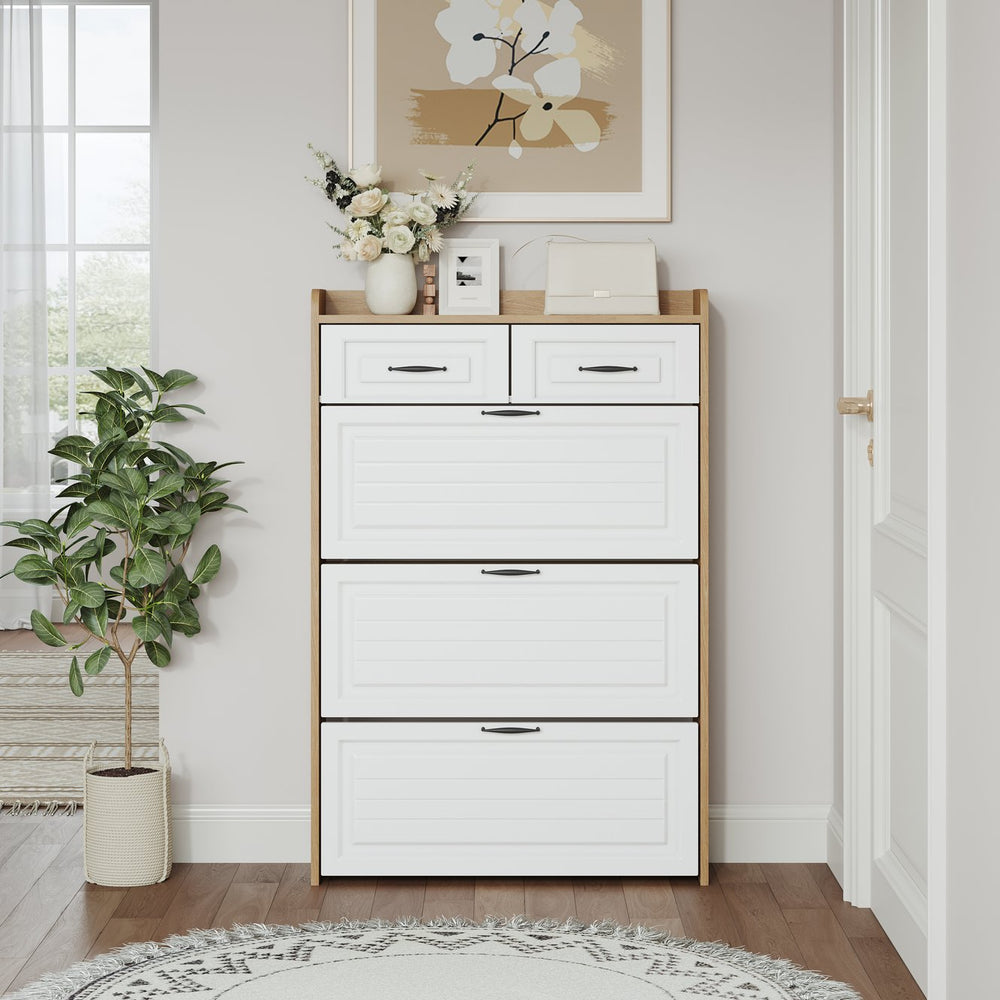 English Elm 1250 White & Oak Shoe Cabinet - Stylish 3-Door Storage With 2 Drawers For Organized Entryways & Bedrooms W1320P236452