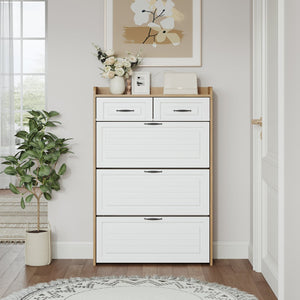 English Elm 1250 White & Oak Shoe Cabinet - Stylish 3-Door Storage With 2 Drawers For Organized Entryways & Bedrooms W1320P236452