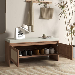 English Elm PP Rattan bench with cushion and hidden shoe storage, linen seat, dust‑protected interior, natural finish W808P316354