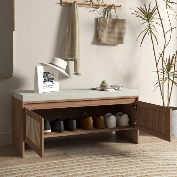 English Elm PP Rattan bench with cushion and hidden shoe storage, linen seat, dust‑protected interior, natural finish W808P316354