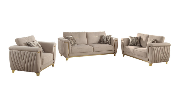 English Elm Leena Contemporary 3Pc Living Room Set With Gold Accents, Plush Cushions & Durable Beige Upholstery B009S01441