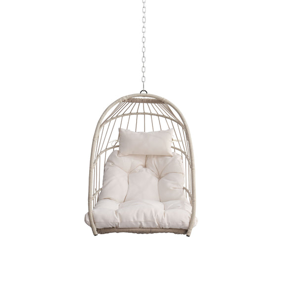 English Elm Outdoor rattan egg swing chair with fold-away HDPE wicker, stainless kit, cushioned cocoon for patio White W2500P231662