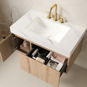 English Elm Muri Floating Bathroom Vanity with Oak Woodgrain Cabinet and Sintered Stone Top W2615S00632