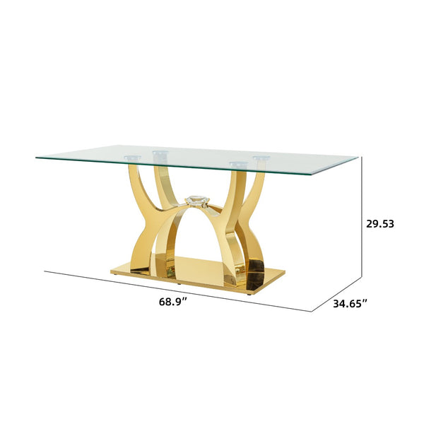 English Elm Luxury Gold Pvd Steel Rectangular Dining Table with Black Tempered Glass Seats Six W2723S00084