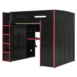 English Elm Full Size Gaming Loft Bed with Rgb Lighting Desk Wardrobe and Built-in Storage Red LT100261AAR