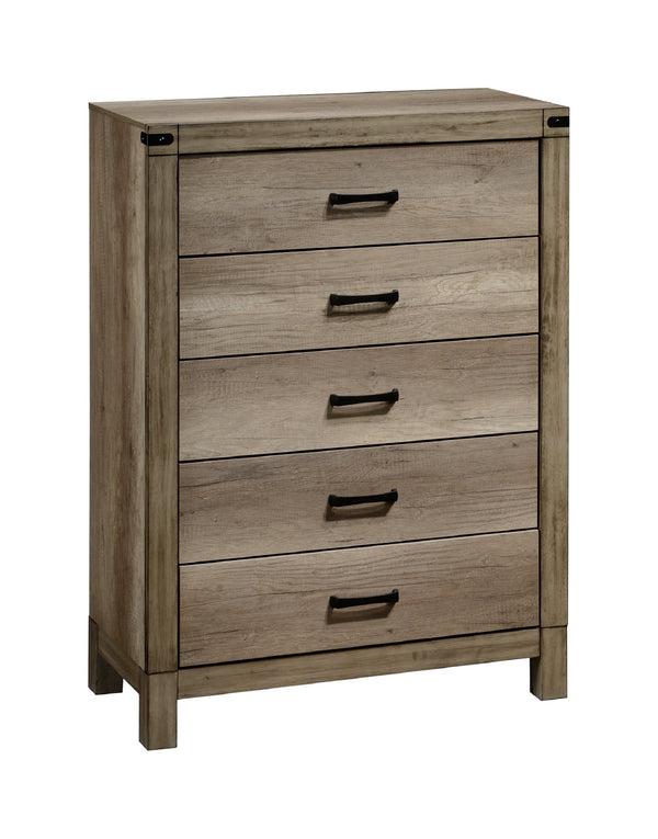 English Elm 1pc Five-Drawer Chest in White Mist Finish with Metal Knobs & Handles, Spacious Bedroom Storage Solution Brown 37.5 L x 19 W x 52 H B011P228965