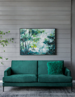 English Elm 47.2 Forest Landscape Watercolor Wall Art in Greens & Blues, Black Frame, Serene Foyer Accent Piece W2078P318299