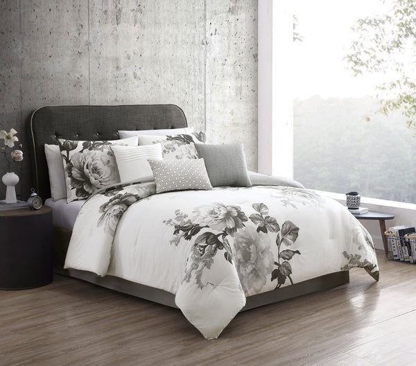 English Elm Ridgely Black 7-Piece Queen Comforter Set - Elegant Floral Design, Soft Cotton, Year-Round Comfort! B340P341957-GIGA