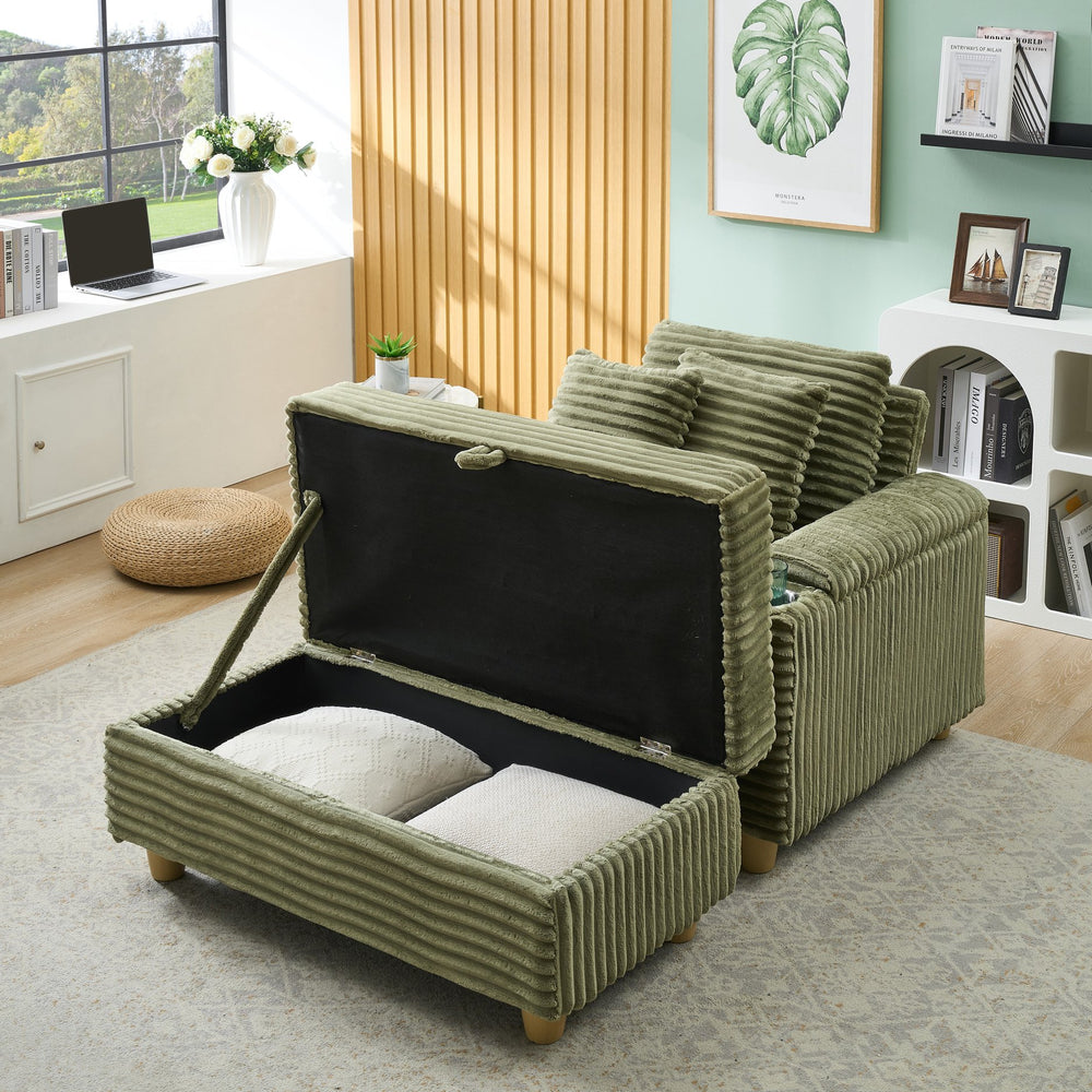 English Elm Green corduroy single sofa with ottoman storage, built-in armrest compartments, removable covers, 57"x41" W1658S00136