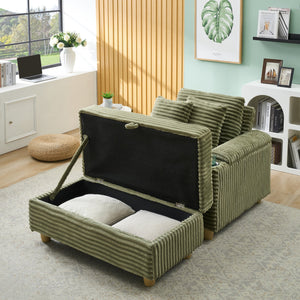 English Elm Green corduroy single sofa with ottoman storage, built-in armrest compartments, removable covers, 57"x41" W1658S00136