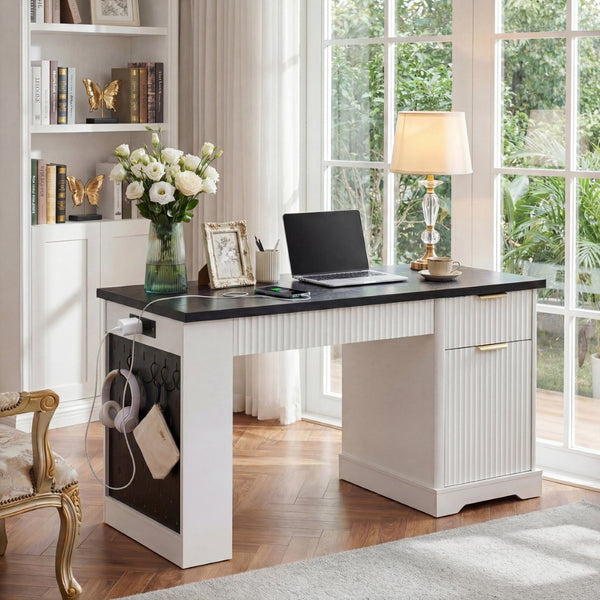 English Elm 55" Fluted White Computer Desk with Power Outlet Pegboard Cabinet and Keyboard Tray W2917P396008