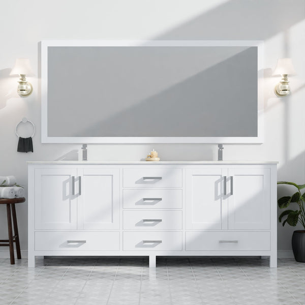 English Elm White Double Bath Vanity 84" W x 22" D with Carrara Marble Top, 14 Drawers, Soft-Close, Faucet Included B2731P259146