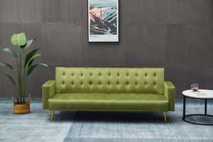 English Elm SOFA Velvet Convertible Sofa Bed with Golden Legs, Solid Wood Frame, Compact Design for Small Spaces Army Green B205P246432