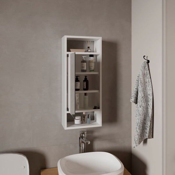 English Elm Uros Mirrored Medicine Cabinet with One Door, Slim Wall-Mounted Storage & 3 Open Shelves, White B070P337117