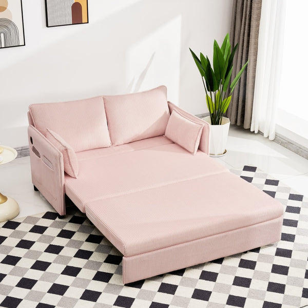 English Elm 55"convertible Corduroy Sofa Bed with Usb Port and Side Pockets for Small Apartments Pink W3373P405039