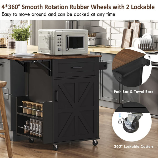 English Elm K&k Farmhouse Rolling Kitchen Cart with Drop Leaf Drawer Open Rack Lockable Wheels Black N707P404539B