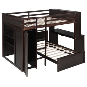 English Elm Full Twin Loft Bed with Desk Wardrobe Shelves Pine Wood Frame Kids Bedroom Espresso LT000821AAP-1