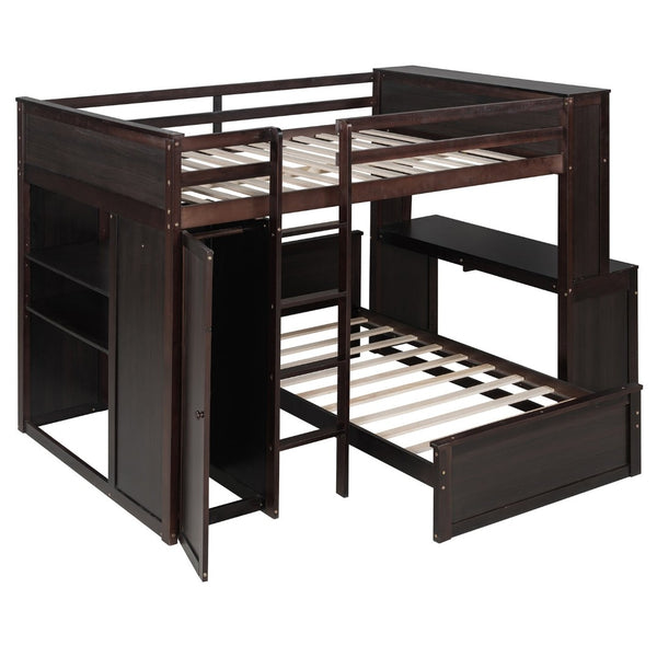 English Elm Full Twin Loft Bed with Desk Wardrobe Shelves Pine Wood Frame Kids Bedroom Espresso LT000821AAP-1