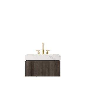 English Elm Muri Floating Bathroom Vanity Plywood Cabinet Sintered Stone Top Espresso Woodgrain W2615S00636