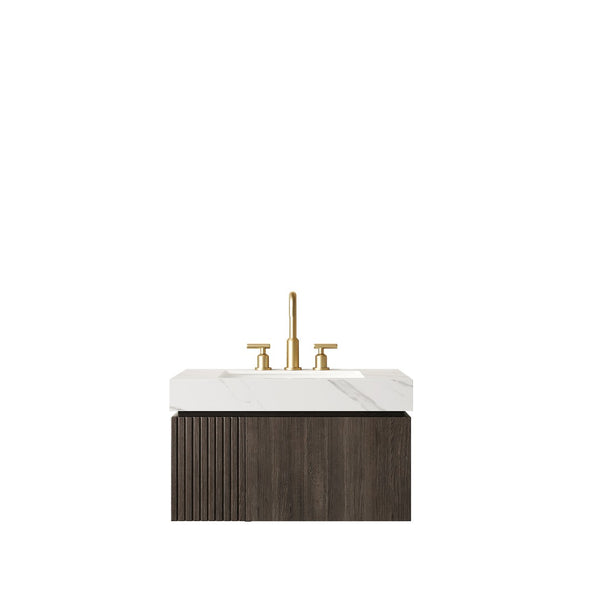 English Elm Muri Floating Bathroom Vanity Plywood Cabinet Sintered Stone Top Espresso Woodgrain W2615S00636