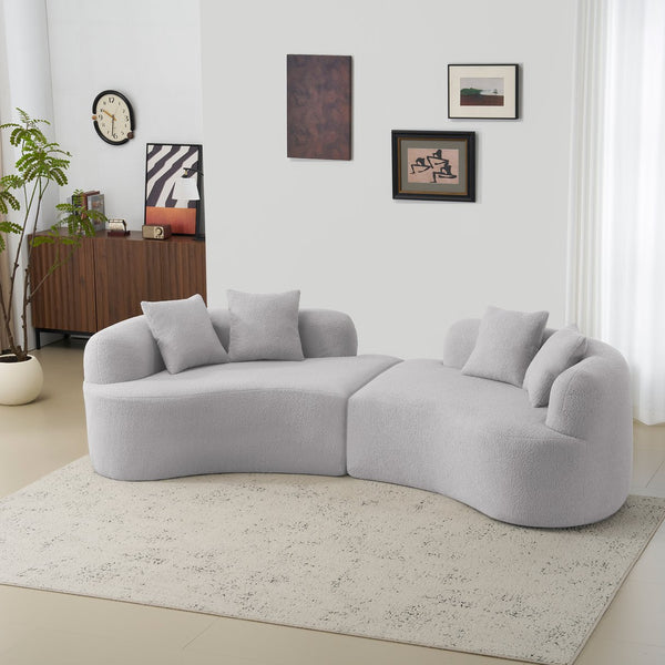 English Elm Curved Four-Seater Teddy Velvet Sofa with Full-Compression Sponge and Spring Support, No-Assembly, Compact Grey W3612S00002