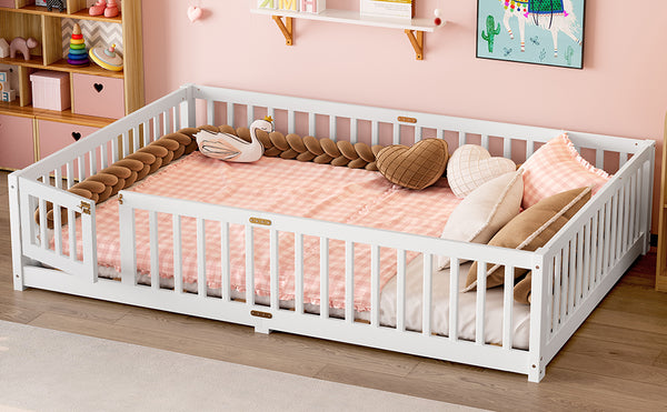 English Elm Queen Kids Floor Bed with Safety Guardrails and Door for Independent Sleep, Pine Frame, 82.7"x62.6" White W1580P338953