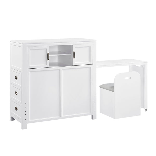 English Elm Gray Twin Platform Bed with Bookcase Headboard Hidden Desk Stool and Footboard Bench White B011S02324