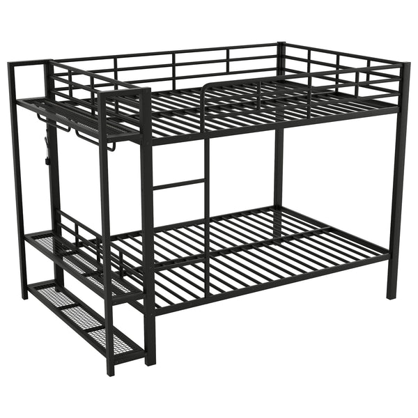 English Elm Full Size Metal Bunk Bed With Led Lighting, Storage Shelves & Hooks - Stylish Space Saver For Teens N7090000667B