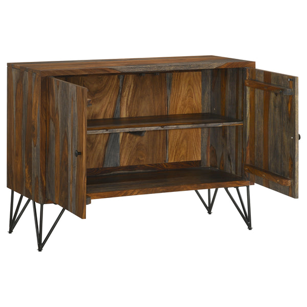 English Elm Komomo Sheesham Grey Buffet Cabinet with 1 Adjustable Shelf, Oatmeal Gold Accents & Dimmer Lighting B062P344888