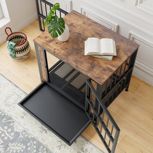 English Elm Dog Crate Furniture Wooden Kennel with Iron Frame Dual Sliding Doors Indoor Side Table W840P203065