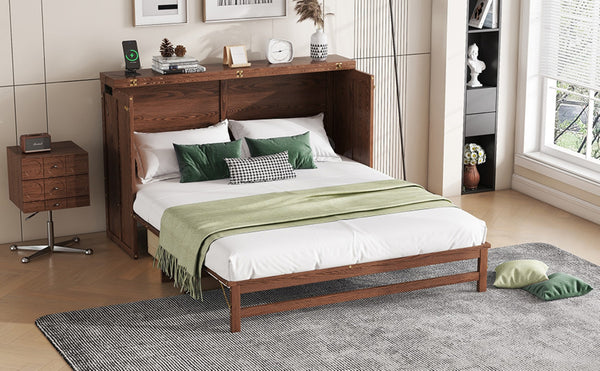 English Elm Murphy Cabinet Queen Bed Solid Pine Frame with Built-in Charging Station for Guest Rooms Walnut W504S00165