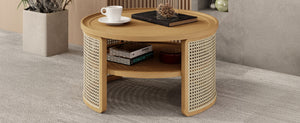 English Elm 2-Tiered Round Natural Wood Coffee Table with Rattan Storage Shelf, Thick Top, Curved Edge Design 31.3" N735P185131N