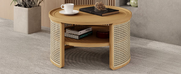English Elm 2-Tiered Round Natural Wood Coffee Table with Rattan Storage Shelf, Thick Top, Curved Edge Design 31.3" N735P185131N