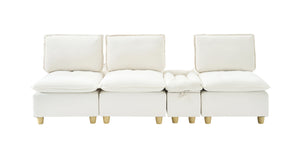 English Elm 104-inch pumpkin flannel three-seater sofa with storage cabinet, cup holders, adjustable backrest, comfy modern design Beige W1658S00096