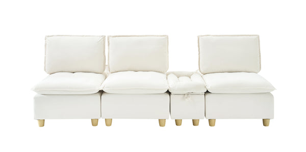 English Elm 104-inch pumpkin flannel three-seater sofa with storage cabinet, cup holders, adjustable backrest, comfy modern design Beige W1658S00096