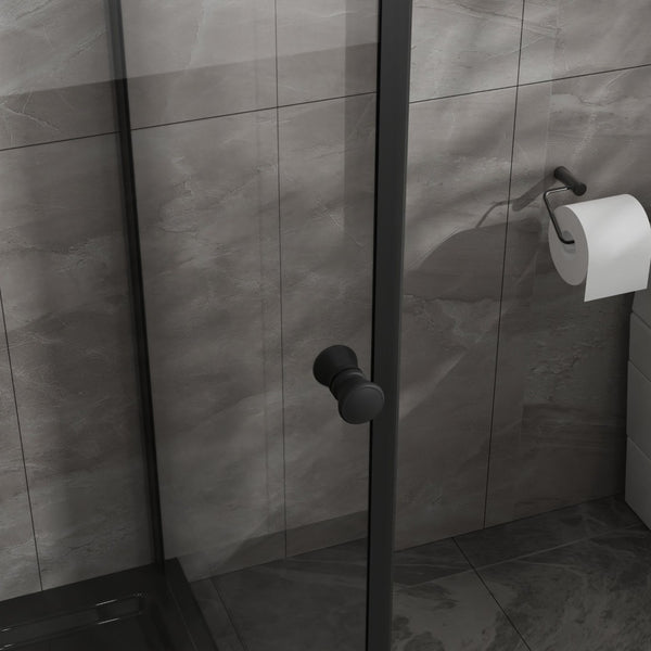 English Elm Goodyo Frameless Corner Shower Stall Tempered Glass Pivot Door with Matte Black Hardware W1223S00039