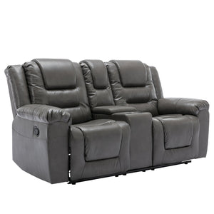 English Elm 2 Seater Home Theater Recliner with Cup Holders and Hidden Storage Box, PU Upholstery, Manual Recline Comfort Grey WF323619AAE