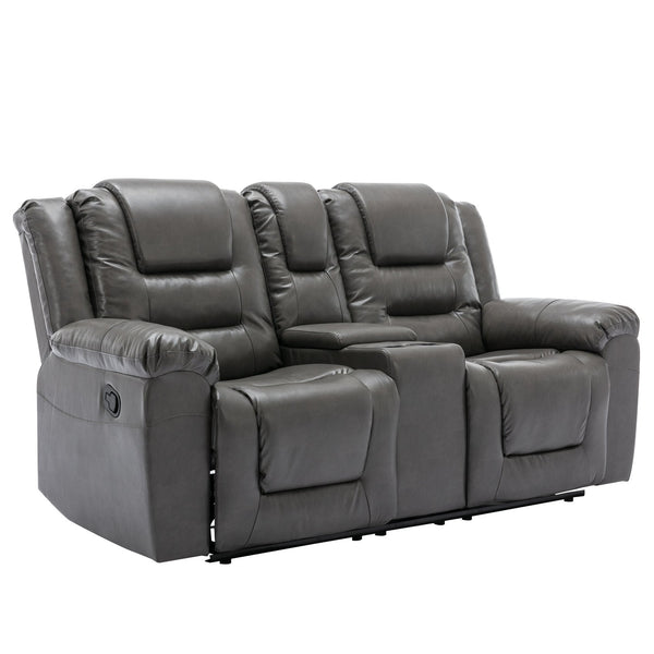 English Elm 2 Seater Home Theater Recliner with Cup Holders and Hidden Storage Box, PU Upholstery, Manual Recline Comfort Grey WF323619AAE