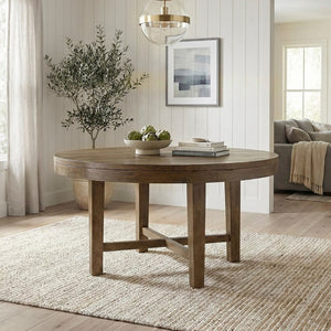English Elm Brown Oak Veneer Round Dining Set with X-base Table and Upholstered Fabric Side Chairs B011S02332