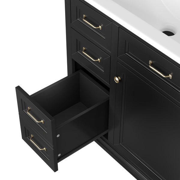 English Elm 36-Inch Modern Bathroom Vanity with Ceramic Basin, 4 Drawers & Soft-Close Door, Pre-Drilled Faucet Ready, Durable MDF and Solid Wood Construction (36"L x 18.3"W x 33.4"H) Black N725P296118B