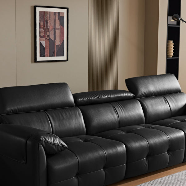 English Elm Genuine Top-grain Leather Three-seat Sofa with Reclining Backrests and Center Storage W1765S00130