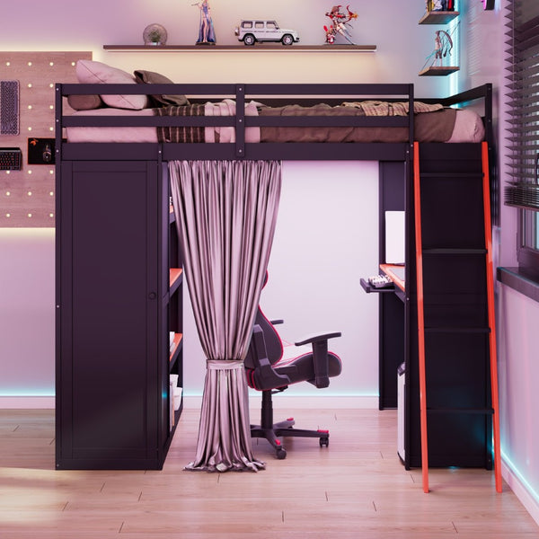 English Elm Full Size Wood Loft Bed with Wardrobe Desk Shelves Rgb Lighting and Blackout Curtains Black+Red LT000269AAJ-1