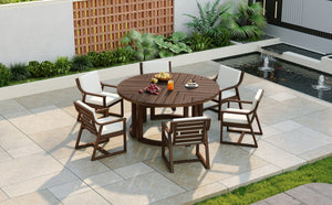 English Elm Trexm Outdoor Acacia Wood Round Dining Set Seats Six with Cushioned Chairs and Umbrella Hole Mocha TM000027AAP