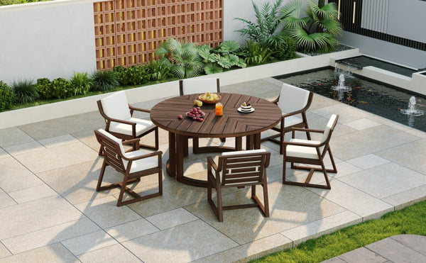 English Elm Trexm Outdoor Acacia Wood Round Dining Set Seats Six with Cushioned Chairs and Umbrella Hole Mocha TM000027AAP