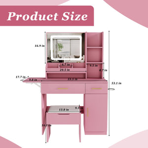 English Elm Vanity Desk with Led Mirror Power Station 3 Drawers Shelves and Makeup Stool W2700P342539