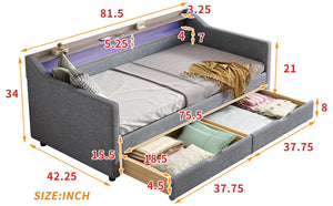 English Elm Twin Size Daybed With Smart Led Light, Usb Ports & 2 Storage Drawers - Modern Linen Sofa Frame W2336S00027-GIGA