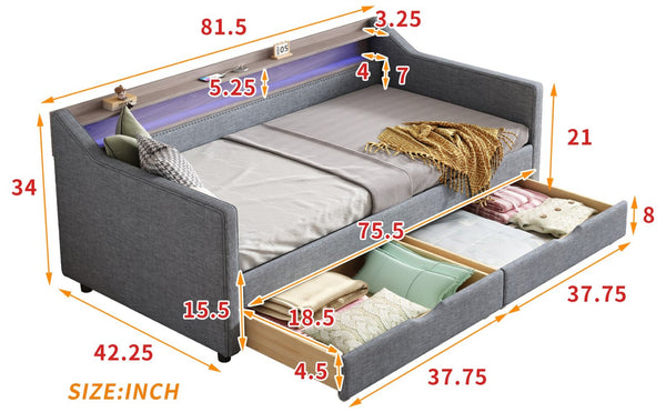 English Elm Twin Size Daybed With Smart Led Light, Usb Ports & 2 Storage Drawers - Modern Linen Sofa Frame W2336S00027-GIGA